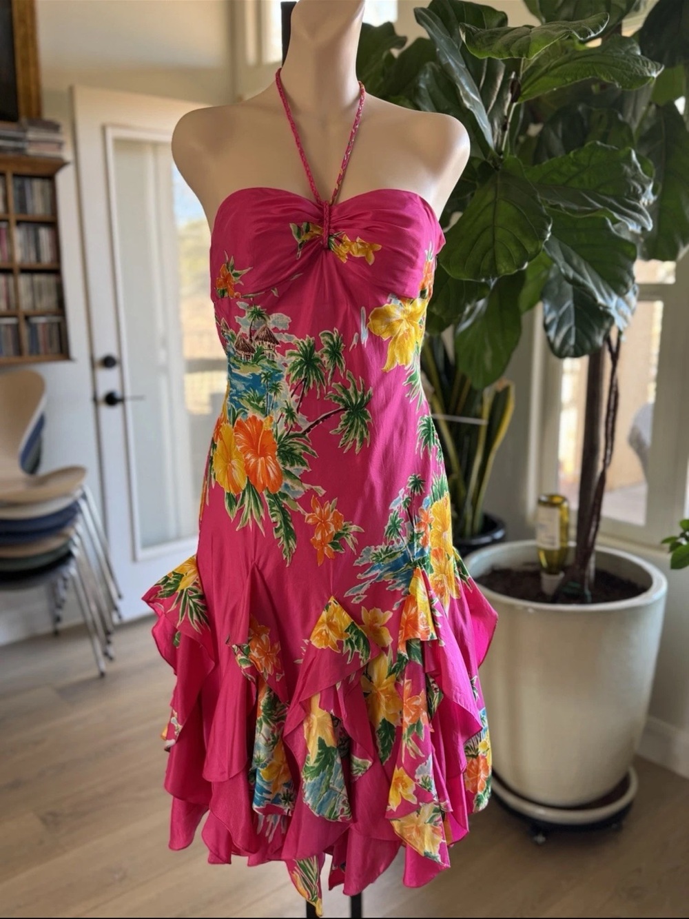 Ralph Lauren Fuchsia Tropical Strapless Ruffle Dress